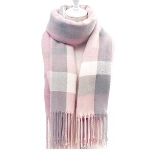 2/$30 Cozy Plaid Winter Scarf Fringed Shawl Wrap Pink & Grey Tones Women Men